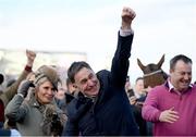 14 March 2023; Trainer Henry de Bromhead, his wife Heather and owner Kenneth Alexander, right, after they sent out Honeysuckle to win the Close Brothers Mares' Hurdle during day one of the Cheltenham Racing Festival at Prestbury Park in Cheltenham, England. Photo by Seb Daly/Sportsfile