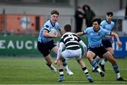 14 March 2023; Matthew Haugh of St Michael's College, left, in action against Charlie Callaghan of Belvedere College during the Bank of Ireland Leinster Rugby Schools Junior Cup Semi Final match between Belvedere College and St Michael’s College at Energia Park in Dublin. Photo by Sam Barnes/Sportsfile