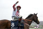 15 March 2023; Jockey Sam Twiston-Davies celebrates on The Real Whacker after winning the Brown Advisory Novices' Chase during day two of the Cheltenham Racing Festival at Prestbury Park in Cheltenham, England. Photo by Seb Daly/Sportsfile