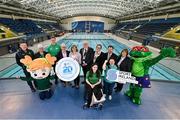 15 March 2023; In attendance, from left, are Gavin Noble, Chef de Mission for Team Ireland, Mary Haughney, President of Swim Ireland, Swimmer Shane Ryan, Sport Ireland Campus Chief Executing Officer Michael Murray, Sport Ireland Chief Executing Officer Una May, Lord Mayor of Fingal Howard Mahoney, Paralympic Swimmer Ailbhe Kelly, Neasa Russell, President of Paralympics Ireland, Special Olympics athlete Deirdre O’Callaghan and Matt English Special Olympics Ireland Chief Executive Officer with the Team Ireland mascot and Finnie the Frog as the Sport Ireland National Aquatic Centre celebrates 20 years since opening in 2003. The venue opened in advance of the Special Olympics World Summer Games in March of 2003, followed by the European Short Course Swimming Championships, with over 15 million visitors through the doors since opening. The centre is home to Swim Ireland and Paralympic high performance programmes, and has over 2500 children attending swimming lessons weekly, 3500 gym members and hundreds of thousands of waterpark visitors every year. To learn more and how to get involved, visit www.sportirelandcampus.ie. Photo by David Fitzgerald/Sportsfile