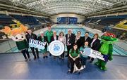 15 March 2023; In attendance, from left, are Gavin Noble, Chef de Mission for Team Ireland, Mary Haughney, President of Swim Ireland, Swimmer Shane Ryan, Sport Ireland Campus Chief Executing Officer Michael Murray, Sport Ireland Chief Executing Officer Una May, Lord Mayor of Fingal Howard Mahoney, Paralympic Swimmer Ailbhe Kelly, Neasa Russell, President of Paralympics Ireland, Special Olympics athlete Deirdre O’Callaghan and Matt English Special Olympics Ireland Chief Executive Officer with the Team Ireland mascot and Finnie the Frog as the Sport Ireland National Aquatic Centre celebrates 20 years since opening in 2003. The venue opened in advance of the Special Olympics World Summer Games in March of 2003, followed by the European Short Course Swimming Championships, with over 15 million visitors through the doors since opening. The centre is home to Swim Ireland and Paralympic high performance programmes, and has over 2500 children attending swimming lessons weekly, 3500 gym members and hundreds of thousands of waterpark visitors every year. To learn more and how to get involved, visit www.sportirelandcampus.ie. Photo by David Fitzgerald/Sportsfile