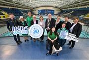 15 March 2023; In attendance, from left, are Gavin Noble, Chef de Mission for Team Ireland, Mary Haughney, President of Swim Ireland, Swimmer Shane Ryan, Sport Ireland Campus Chief Executing Officer Michael Murray, Sport Ireland Chief Executing Officer Una May, Lord Mayor of Fingal Howard Mahoney, Paralympic Swimmer Ailbhe Kelly, Neasa Russell, President of Paralympics Ireland, Special Olympics athlete Deirdre O’Callaghan and Matt English Special Olympics Ireland Chief Executive Officer as the Sport Ireland National Aquatic Centre celebrates 20 years since opening in 2003. The venue opened in advance of the Special Olympics World Summer Games in March of 2003, followed by the European Short Course Swimming Championships, with over 15 million visitors through the doors since opening. The centre is home to Swim Ireland and Paralympic high performance programmes, and has over 2500 children attending swimming lessons weekly, 3500 gym members and hundreds of thousands of waterpark visitors every year. To learn more and how to get involved, visit www.sportirelandcampus.ie. Photo by David Fitzgerald/Sportsfile