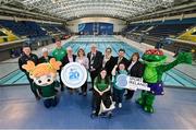 15 March 2023; In attendance, from left, are Gavin Noble, Chef de Mission for Team Ireland, Mary Haughney, President of Swim Ireland, Swimmer Shane Ryan, Sport Ireland Campus Chief Executing Officer Michael Murray, Sport Ireland Chief Executing Officer Una May, Lord Mayor of Fingal Howard Mahoney, Paralympic Swimmer Ailbhe Kelly, Neasa Russell, President of Paralympics Ireland, Special Olympics athlete Deirdre O’Callaghan and Matt English Special Olympics Ireland Chief Executive Officer with the Team Ireland mascot and Finnie the Frog as the Sport Ireland National Aquatic Centre celebrates 20 years since opening in 2003. The venue opened in advance of the Special Olympics World Summer Games in March of 2003, followed by the European Short Course Swimming Championships, with over 15 million visitors through the doors since opening. The centre is home to Swim Ireland and Paralympic high performance programmes, and has over 2500 children attending swimming lessons weekly, 3500 gym members and hundreds of thousands of waterpark visitors every year. To learn more and how to get involved, visit www.sportirelandcampus.ie. Photo by David Fitzgerald/Sportsfile
