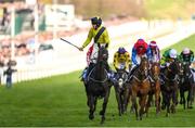 14 March 2023; Jockey Michael O'Sullivan celebrates on Marine Nationale as they cross the winning post in the Sky Bet Supreme Novices' Hurdle during day one of the Cheltenham Racing Festival at Prestbury Park in Cheltenham, England. Photo by Harry Murphy/Sportsfile