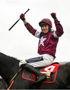 15 March 2023; Jockey Keith Donoghue celebrates on Delta Work after winning the Glenfarclas Cross Country Chase during day two of the Cheltenham Racing Festival at Prestbury Park in Cheltenham, England. Photo by Seb Daly/Sportsfile