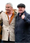 15 March 2023; Owner Michael O'Leary and trainer Gordon Elliott, right, after winning the Glenfarclas Cross Country Chase with Delta Work on day two of the Cheltenham Racing Festival at Prestbury Park in Cheltenham, England. Photo by Harry Murphy/Sportsfile