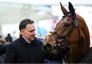 15 March 2023; Trainer Henry de Bromhead with Maskada after winning the Johnny Henderson Grand Annual Challenge Cup Handicap Chase on day two of the Cheltenham Racing Festival at Prestbury Park in Cheltenham, England. Photo by Harry Murphy/Sportsfile