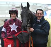 15 March 2023; Jockey Keith Donoghue and groom Darren Treacy after winning the Glenfarclas Cross Country Chase with Delta Work on day two of the Cheltenham Racing Festival at Prestbury Park in Cheltenham, England. Photo by Harry Murphy/Sportsfile