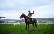 15 March 2023; Jockey John Gleeson celebrates on A Dream To Share after winning the Weatherbys Champion Bumper during day two of the Cheltenham Racing Festival at Prestbury Park in Cheltenham, England. Photo by Harry Murphy/Sportsfile