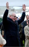 15 March 2023; Brian Gleeson, father of jockey John Gleeson and former owner of A Dream To Share, celebrates after his son won the Weatherbys Champion Bumper onboard A Dream To Share during day two of the Cheltenham Racing Festival at Prestbury Park in Cheltenham, England. Photo by Seb Daly/Sportsfile