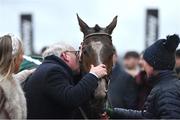 15 March 2023; Brian Gleeson, father of jockey John Gleeson and former owner of A Dream To Share, celebrates after his son won the Weatherbys Champion Bumper onboard A Dream To Share during day two of the Cheltenham Racing Festival at Prestbury Park in Cheltenham, England. Photo by Seb Daly/Sportsfile