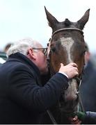 15 March 2023; Brian Gleeson, father of jockey John Gleeson and former owner of A Dream To Share, celebrates after his son won the Weatherbys Champion Bumper onboard A Dream To Share during day two of the Cheltenham Racing Festival at Prestbury Park in Cheltenham, England. Photo by Seb Daly/Sportsfile