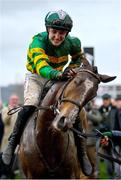 15 March 2023; Jockey John Gleeson celebrates on A Dream To Share after winning the Weatherbys Champion Bumper during day two of the Cheltenham Racing Festival at Prestbury Park in Cheltenham, England. Photo by Seb Daly/Sportsfile