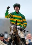 15 March 2023; Jockey John Gleeson celebrates on A Dream To Share after winning the Weatherbys Champion Bumper during day two of the Cheltenham Racing Festival at Prestbury Park in Cheltenham, England. Photo by Seb Daly/Sportsfile