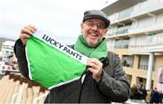 16 March 2023; Racegoer Dave Winfield, with his 'Lucky Pants' ahead of racing on day three of the Cheltenham Racing Festival at Prestbury Park in Cheltenham, England. Photo by Seb Daly/Sportsfile