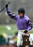 16 March 2023; Jockey Harry Cobden celebrates on Stage Star after winning the Turners Novices' Chase during day three of the Cheltenham Racing Festival at Prestbury Park in Cheltenham, England. Photo by Harry Murphy/Sportsfile