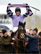 16 March 2023; Jockey Harry Cobden celebrates on Stage Star after winning the Turners Novices' Chase during day three of the Cheltenham Racing Festival at Prestbury Park in Cheltenham, England. Photo by Seb Daly/Sportsfile
