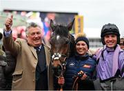 16 March 2023; Winning trainer Paul Nicholls, right, with Jockey Harry Cobden after winning the Turners Novices' Chase on Stage Star during day three of the Cheltenham Racing Festival at Prestbury Park in Cheltenham, England. Photo by Seb Daly/Sportsfile