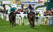 16 March 2023; Jockey Harry Cobden on Stage Star races clear of Notlongtillmay, with Adam Wedge up, who finished second, to win the Turners Novices' Chase during day three of the Cheltenham Racing Festival at Prestbury Park in Cheltenham, England. Photo by Harry Murphy/Sportsfile Photo by Harry Murphy/Sportsfile