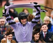 16 March 2023; Jockey Harry Cobden celebrates after winning the Turners Novices' Chase, on Stage Star, during day three of the Cheltenham Racing Festival at Prestbury Park in Cheltenham, England. Photo by Harry Murphy/Sportsfile