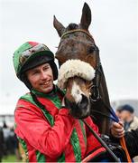 16 March 2023; Winning jockey Liam McKenna celebrates after guiding Good Time Jonny to win the Pertemps Network Final Handicap Hurdle during day three of the Cheltenham Racing Festival at Prestbury Park in Cheltenham, England. Photo by Seb Daly/Sportsfile