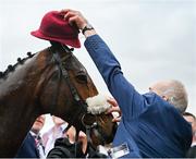 16 March 2023; Winning trainer Tony Martin places a hat on Good Time Jonny after winning the Pertemps Network Final Handicap Hurdle during day three of the Cheltenham Racing Festival at Prestbury Park in Cheltenham, England. Photo by Seb Daly/Sportsfile