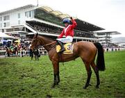 16 March 2023; Jockey Rachael Blackmore celebrates on Envoi Allen after winning the Ryanair Chase during day three of the Cheltenham Racing Festival at Prestbury Park in Cheltenham, England. Photo by Harry Murphy/Sportsfile
