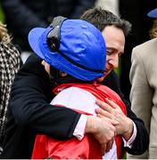 16 March 2023; Trainer Henry de Bromhead celebrates with jockey Jockey Rachael Blackmore after sending out Envoi Allen to win the Ryanair Chase during day three of the Cheltenham Racing Festival at Prestbury Park in Cheltenham, England. Photo by Harry Murphy/Sportsfile