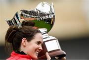 16 March 2023; Jockey Rachael Blackmore celebrates with the trophy after winning the Ryanair Chase during day three of the Cheltenham Racing Festival at Prestbury Park in Cheltenham, England. Photo by Harry Murphy/Sportsfile