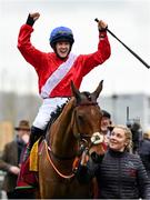 16 March 2023; Jockey Rachael Blackmore celebrates winning the Ryanair Chase on Envoi Allen during day three of the Cheltenham Racing Festival at Prestbury Park in Cheltenham, England. Photo by Seb Daly/Sportsfile