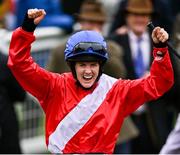 16 March 2023; Jockey Rachael Blackmore celebrates after winning the Ryanair Chase during day three of the Cheltenham Racing Festival at Prestbury Park in Cheltenham, England. Photo by Harry Murphy/Sportsfile