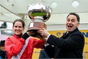 16 March 2023; Jockey Rachael Blackmore and trainer Henry de Bromhead celebrate with the trophy after winning the Ryanair Chase with Envoi Allen during day three of the Cheltenham Racing Festival at Prestbury Park in Cheltenham, England. Photo by Seb Daly/Sportsfile