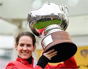 16 March 2023; Jockey Rachael Blackmore, with the trophy, after winning the Ryanair Chase on Envoi Allen during day three of the Cheltenham Racing Festival at Prestbury Park in Cheltenham, England. Photo by Seb Daly/Sportsfile