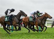 16 March 2023; Sire Du Berlais, with Mark Walsh  up, on the rails, leads Teahupoo, with Davy Russell up, 11, and Flooring Porter, with Danny Mullins up, as he persues the leader, after the last, on his way to winning the Paddy Power Stayers' Hurdle during day three of the Cheltenham Racing Festival at Prestbury Park in Cheltenham, England. Photo by Seb Daly/Sportsfile