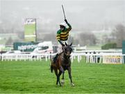 16 March 2023; Sire Du Berlais, with Mark Walsh up, celebrates winning the Paddy Power Stayers' Hurdle during day three of the Cheltenham Racing Festival at Prestbury Park in Cheltenham, England. Photo by Harry Murphy/Sportsfile