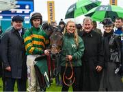 16 March 2023; Winning connections including trainer Gordon Elliott, jockey Mark Walsh, groom Elise Elliott, JP McManus and Noreen McManus with Sire Du Berlais after winning the Paddy Power Stayers' Hurdle during day three of the Cheltenham Racing Festival at Prestbury Park in Cheltenham, England. Photo by Seb Daly/Sportsfile