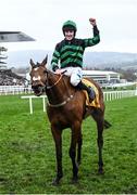 16 March 2023; Jockey Ben Harvey celebrates on Seddon after winning the Magners Plate Handicap Chase during day three of the Cheltenham Racing Festival at Prestbury Park in Cheltenham, England. Photo by Harry Murphy/Sportsfile