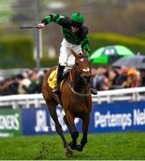 16 March 2023; Jockey Ben Harvey celebrates on Seddon as they win the Magners Plate Handicap Chase during day three of the Cheltenham Racing Festival at Prestbury Park in Cheltenham, England. Photo by Harry Murphy/Sportsfile