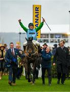 16 March 2023; You Wear It Well, with Gavin Sheehan up, is led into the winners enclosure after winning the Jack De Bromhead Mares' Novices' Hurdle during day three of the Cheltenham Racing Festival at Prestbury Park in Cheltenham, England. Photo by Seb Daly/Sportsfile