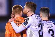 16 March 2023; Dundalk goalkeeper Nathan Shepperd is congratulated by team-mate Connor Malley, right, after saving a penalty during the SSE Airtricity Men's Premier Division match between Drogheda United and Dundalk at Weavers Park in Drogheda, Louth. Photo by Stephen McCarthy/Sportsfile