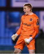 16 March 2023; Dundalk goalkeeper Nathan Shepperd celebrates at the final whistle of the SSE Airtricity Men's Premier Division match between Drogheda United and Dundalk at Weavers Park in Drogheda, Louth. Photo by Stephen McCarthy/Sportsfile