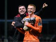 16 March 2023; Dundalk goalkeeper Nathan Shepperd celebrates with team-mate Mark Byrne, left, after the SSE Airtricity Men's Premier Division match between Drogheda United and Dundalk at Weavers Park in Drogheda, Louth. Photo by Stephen McCarthy/Sportsfile