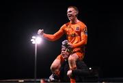 16 March 2023; Dundalk goalkeeper Nathan Shepperd is lifted by team-mate Mark Byrne in celebration after the SSE Airtricity Men's Premier Division match between Drogheda United and Dundalk at Weavers Park in Drogheda, Louth. Photo by Stephen McCarthy/Sportsfile