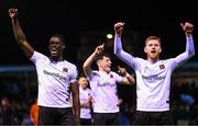 16 March 2023; Wasiri Williams, left, Ryan O'Kane and Connor Malley of Dundalk celebrate after the SSE Airtricity Men's Premier Division match between Drogheda United and Dundalk at Weavers Park in Drogheda, Louth. Photo by Stephen McCarthy/Sportsfile
