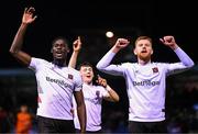 16 March 2023; Wasiri Williams, left, Ryan O'Kane and Connor Malley of Dundalk celebrate after the SSE Airtricity Men's Premier Division match between Drogheda United and Dundalk at Weavers Park in Drogheda, Louth. Photo by Stephen McCarthy/Sportsfile