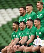 17 March 2023; Ireland players, front row, right to left, Jonathan Sexton, Peter O’Mahony, Cian Healy and Conor Murray, and back row, right to left, Kieran Treadwell, Dan Sheehan and Rob Herring, during the Ireland rugby captain's run at the Aviva Stadium in Dublin. Photo by Ramsey Cardy/Sportsfile