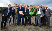17 March 2023; Stag Michael Hooks, centre, and friends, pose for a group photograph ahead of racing on day four of the Cheltenham Racing Festival at Prestbury Park in Cheltenham, England. Photo by Seb Daly/Sportsfile