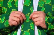 17 March 2023; A detailed view of a racegoers shamrock themed attire during day four of the Cheltenham Racing Festival at Prestbury Park in Cheltenham, England. Photo by Seb Daly/Sportsfile