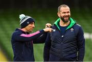 17 March 2023; Head coach Andy Farrell, right, shares a joke with strength and conditioning coach Jason Cowman during the Ireland rugby captain's run at the Aviva Stadium in Dublin. Photo by Ramsey Cardy/Sportsfile