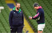 17 March 2023; Head coach Andy Farrell, left, and captain Jonathan Sexton during the Ireland rugby captain's run at the Aviva Stadium in Dublin. Photo by Ramsey Cardy/Sportsfile